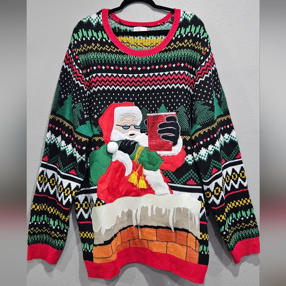 Holiday Time Men's Colorful Santa Crewneck Ugly Christmas Sweater Size 3XL